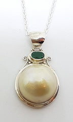 Sterling Silver Emerald &amp; Mabe Pearl Pendant on Sterling Silver Chain