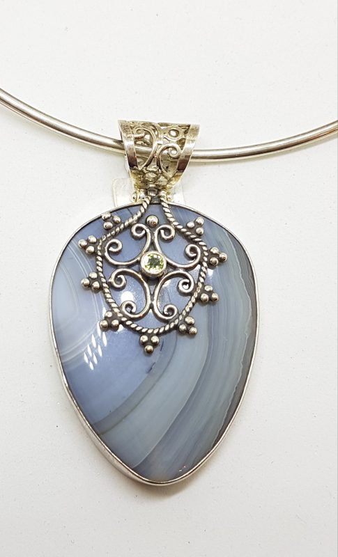 Sterling Silver Large Agate with Ornate Filigree set Peridot Pendant on Sterling Silver Choker
