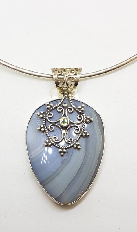 Sterling Silver Large Agate with Ornate Filigree set Peridot Pendant on Sterling Silver Choker