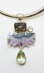 Sterling Silver Large Amethyst Crystal Slice, Green Amethyst / Prasiolite , Clear Crystal Quartz and Smokey Quartz Pendant on Sterling Silver Choker