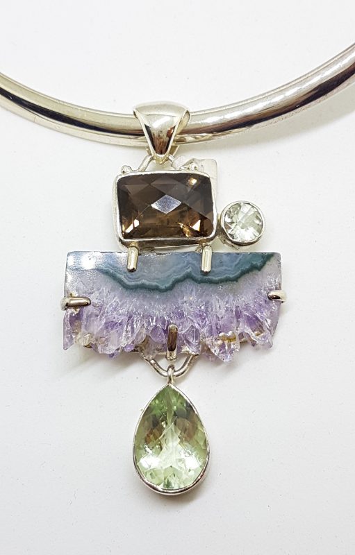 Sterling Silver Large Amethyst Crystal Slice, Green Amethyst / Prasiolite , Clear Crystal Quartz and Smokey Quartz Pendant on Sterling Silver Choker