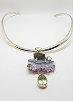 Sterling Silver Large Amethyst Crystal Slice, Green Amethyst / Prasiolite , Clear Crystal Quartz and Smokey Quartz Pendant on Sterling Silver Choker