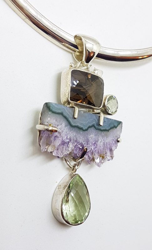 Sterling Silver Large Amethyst Crystal Slice, Green Amethyst / Prasiolite , Clear Crystal Quartz and Smokey Quartz Pendant on Sterling Silver Choker
