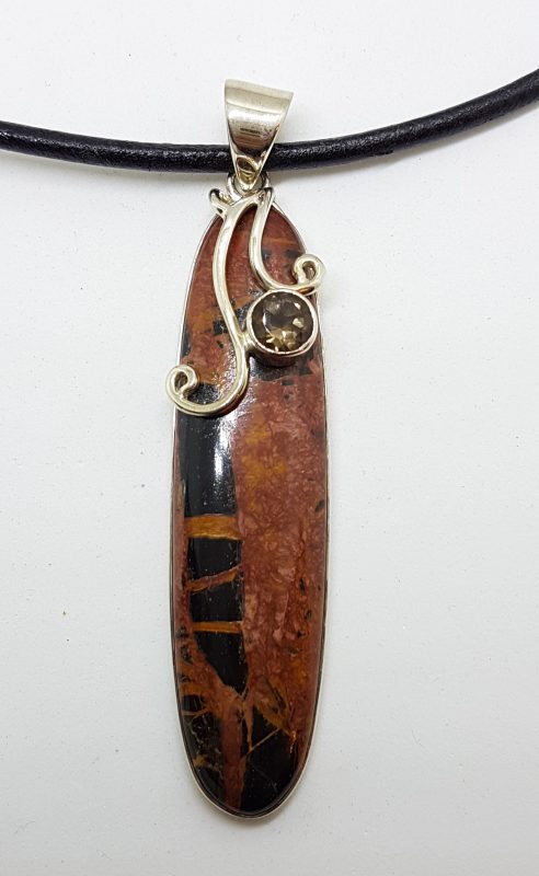Sterling Silver Large Tyre Track Jasper and Smokey Quartz Long Pendant on Neoprene Necklace