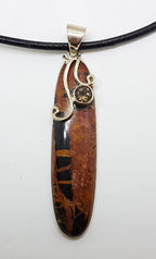 Sterling Silver Large Tyre Track Jasper and Smokey Quartz Long Pendant on Neoprene Necklace
