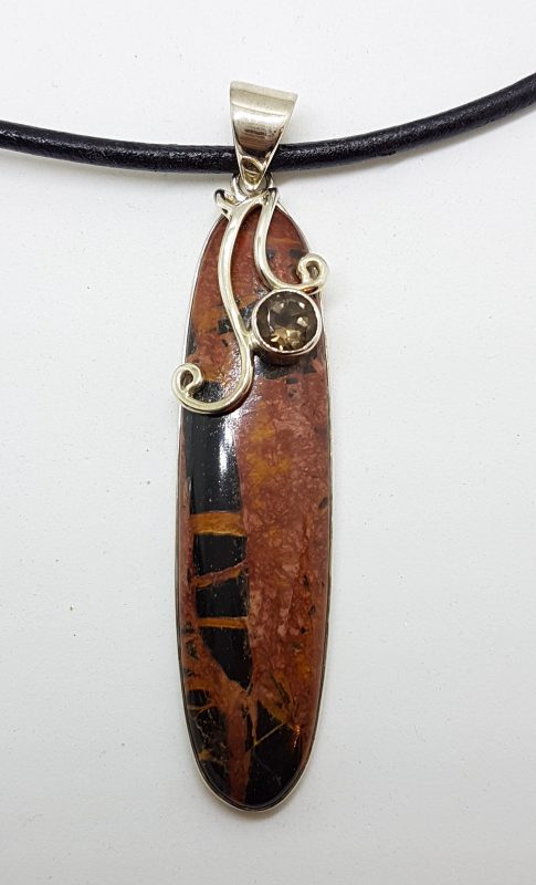 Sterling Silver Large Tyre Track Jasper and Smokey Quartz Long Pendant on Neoprene Necklace