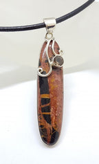 Sterling Silver Large Tyre Track Jasper and Smokey Quartz Long Pendant on Neoprene Necklace