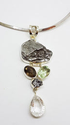 Sterling Silver Large Meteorite with Green Amethyst / Prasiolite , Smokey Quartz and Clear Crystal Quartz Long Pendant on Sterling Silver Choker