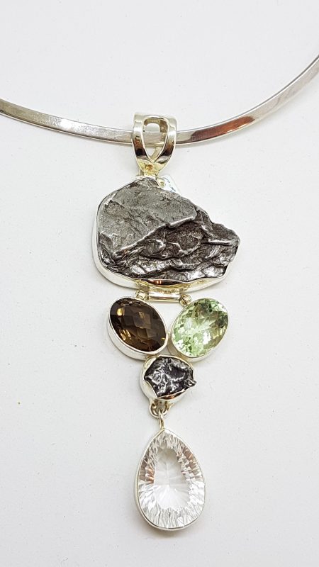 Sterling Silver Large Meteorite with Green Amethyst / Prasiolite , Smokey Quartz and Clear Crystal Quartz Long Pendant on Sterling Silver Choker