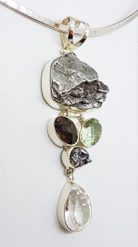 Sterling Silver Large Meteorite with Green Amethyst / Prasiolite , Smokey Quartz and Clear Crystal Quartz Long Pendant on Sterling Silver Choker