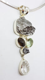 Sterling Silver Large Meteorite with Green Amethyst / Prasiolite , Smokey Quartz and Clear Crystal Quartz Long Pendant on Sterling Silver Choker