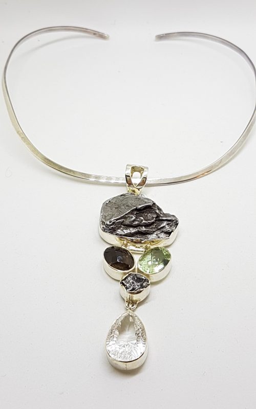 Sterling Silver Large Meteorite with Green Amethyst / Prasiolite , Smokey Quartz and Clear Crystal Quartz Long Pendant on Sterling Silver Choker