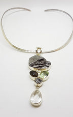 Sterling Silver Large Meteorite with Green Amethyst / Prasiolite , Smokey Quartz and Clear Crystal Quartz Long Pendant on Sterling Silver Choker