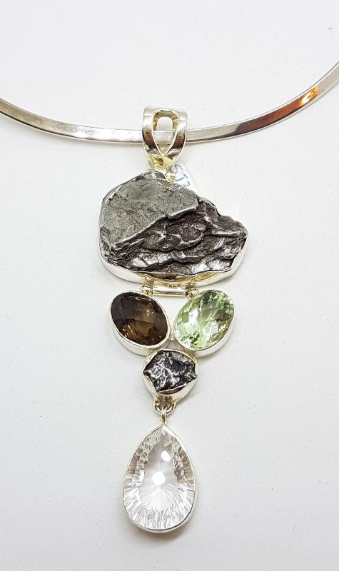 Sterling Silver Large Meteorite with Green Amethyst / Prasiolite , Smokey Quartz and Clear Crystal Quartz Long Pendant on Sterling Silver Choker