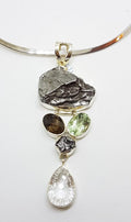 Sterling Silver Large Meteorite with Green Amethyst / Prasiolite , Smokey Quartz and Clear Crystal Quartz Long Pendant on Sterling Silver Choker