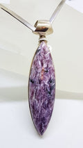 Sterling Silver Long Charoite Pendant on Sterling Silver V Shape Choker