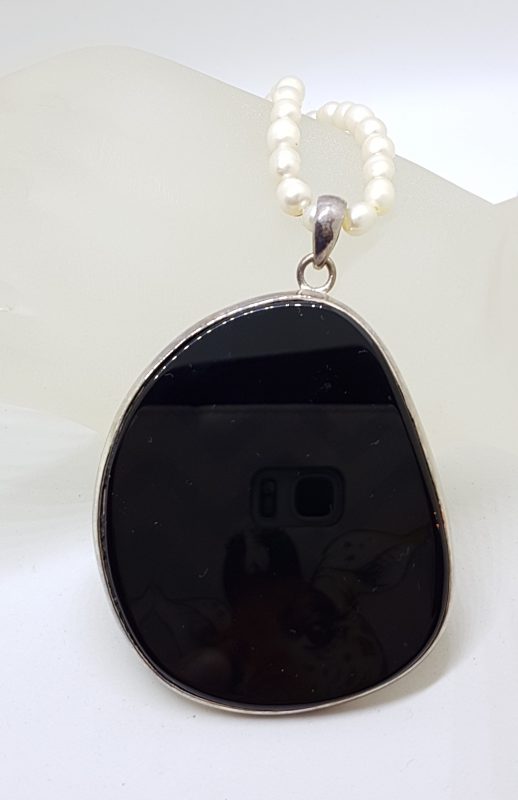 Sterling Silver Large Onyx Pendant on Pearl Necklace