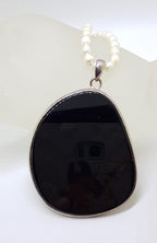 Sterling Silver Large Onyx Pendant on Pearl Necklace