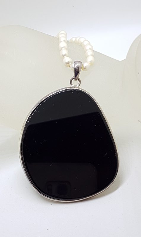 Sterling Silver Large Onyx Pendant on Pearl Necklace