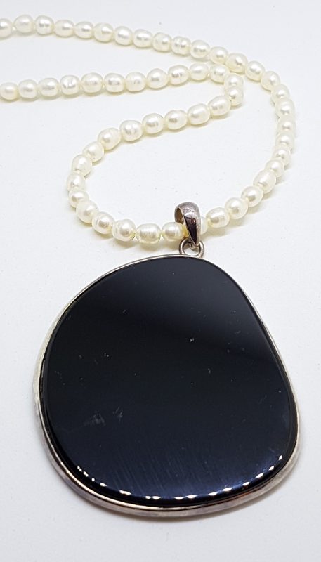 Sterling Silver Large Onyx Pendant on Pearl Necklace