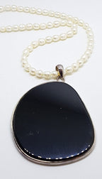 Sterling Silver Large Onyx Pendant on Pearl Necklace