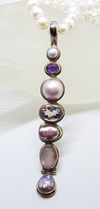Sterling Silver Very Long Drop Pearl, Rose Quartz and Amethyst Pendant on Pearl Necklace