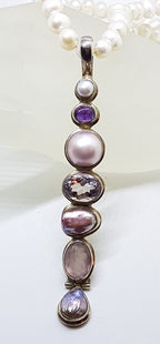 Sterling Silver Very Long Drop Pearl, Rose Quartz and Amethyst Pendant on Pearl Necklace
