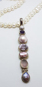 Sterling Silver Very Long Drop Pearl, Rose Quartz and Amethyst Pendant on Pearl Necklace