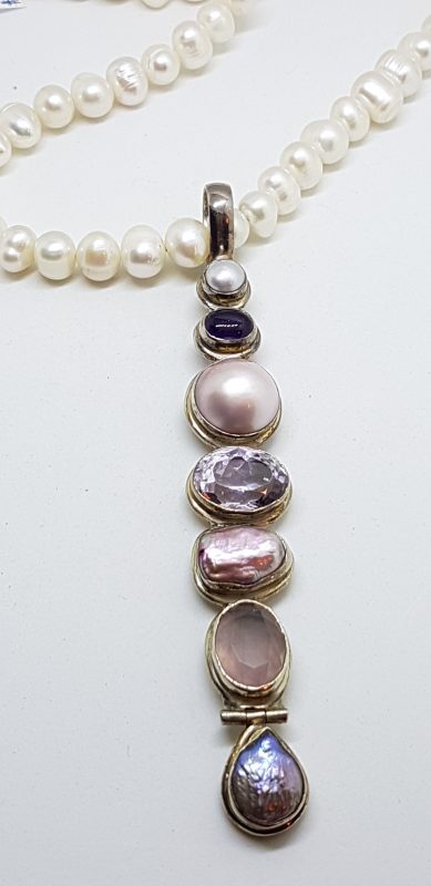 Sterling Silver Very Long Drop Pearl, Rose Quartz and Amethyst Pendant on Pearl Necklace