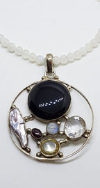 Sterling Silver Large Round Cluster Pendant with Onyx, Clear Crystal Quartz, Pearl, Moonstone, Garnet and Citrine on Rose Quartz Bead Necklace