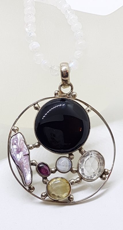 Sterling Silver Large Round Cluster Pendant with Onyx, Clear Crystal Quartz, Pearl, Moonstone, Garnet and Citrine on Rose Quartz Bead Necklace