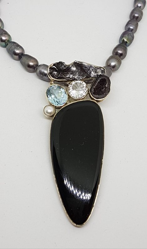Sterling Silver Large Onyx, Meteorite, Topaz, Druzy, Pearl and Clear Quartz Pendant on Grey / Silver Pearl Necklace