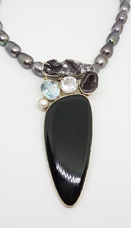 Sterling Silver Large Onyx, Meteorite, Topaz, Druzy, Pearl and Clear Quartz Pendant on Grey / Silver Pearl Necklace