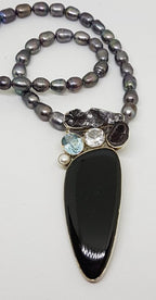 Sterling Silver Large Onyx, Meteorite, Topaz, Druzy, Pearl and Clear Quartz Pendant on Grey / Silver Pearl Necklace