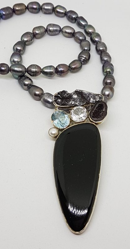 Sterling Silver Large Onyx, Meteorite, Topaz, Druzy, Pearl and Clear Quartz Pendant on Grey / Silver Pearl Necklace