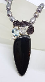 Sterling Silver Large Onyx, Meteorite, Topaz, Druzy, Pearl and Clear Quartz Pendant on Grey / Silver Pearl Necklace