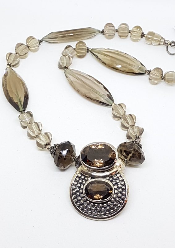 Sterling Silver Large Stunning Smokey Quartz Bead Necklace