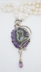 Sterling Silver Very Large Spectacular Amethyst Slice Ornate Pendant on Pearl Necklace