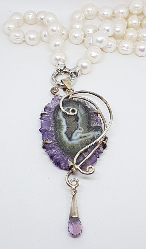 Sterling Silver Very Large Spectacular Amethyst Slice Ornate Pendant on Pearl Necklace