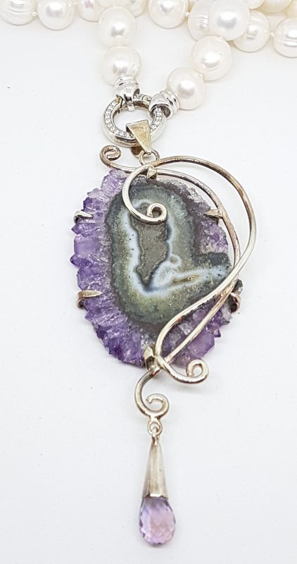 Sterling Silver Very Large Spectacular Amethyst Slice Ornate Pendant on Pearl Necklace