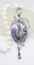 Sterling Silver Very Large Spectacular Amethyst Slice Ornate Pendant on Pearl Necklace