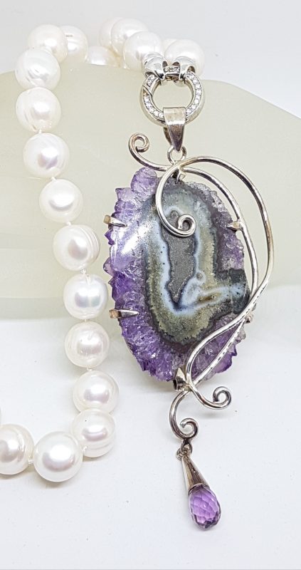 Sterling Silver Very Large Spectacular Amethyst Slice Ornate Pendant on Pearl Necklace
