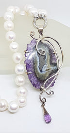 Sterling Silver Very Large Spectacular Amethyst Slice Ornate Pendant on Pearl Necklace