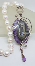 Sterling Silver Very Large Spectacular Amethyst Slice Ornate Pendant on Pearl Necklace