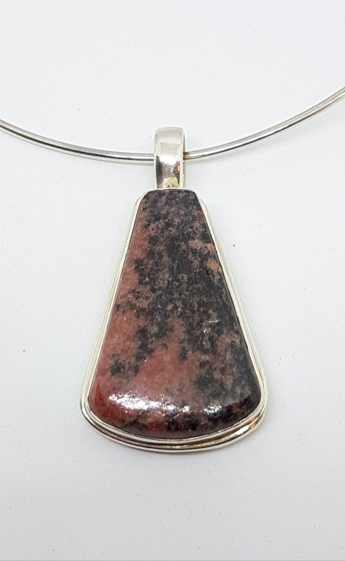 Sterling Silver Large Rhodonite Pendant on Silver Choker Necklace