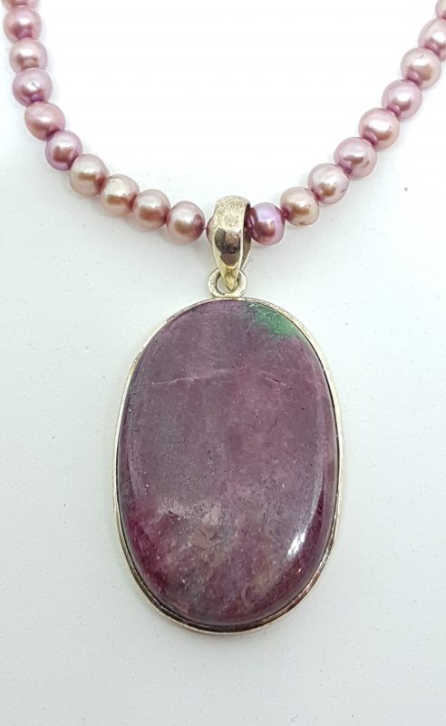 Sterling Silver Large Oval Ruby Zoisite Pendant on Pink Pearl Necklace