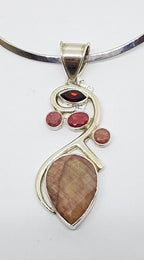 Sterling Silver Large Ruby &amp; Garnet Cluster Pendant on Sterling Silver Choker Necklace