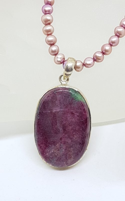 Sterling Silver Large Oval Ruby Zoisite Pendant on Pink Pearl Necklace
