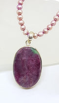 Sterling Silver Large Oval Ruby Zoisite Pendant on Pink Pearl Necklace