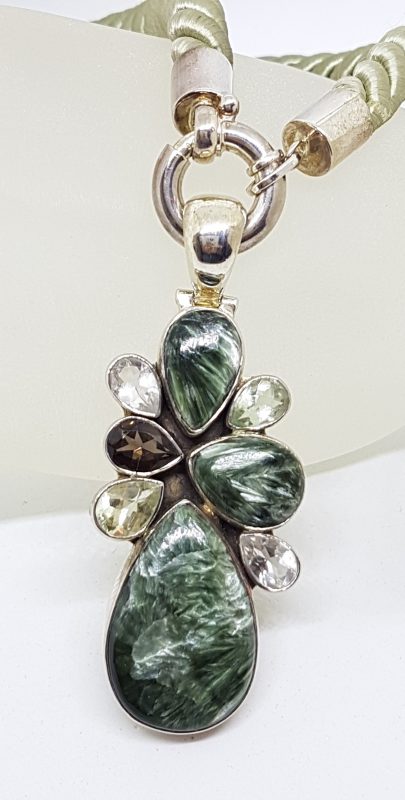 Sterling Silver Large Seraphinite, Green Amethyst / Prasiolite , Smokey Quartz, Clear Quartz and Lemon Citrine Pendant on Thick Long Green Cord Necklace